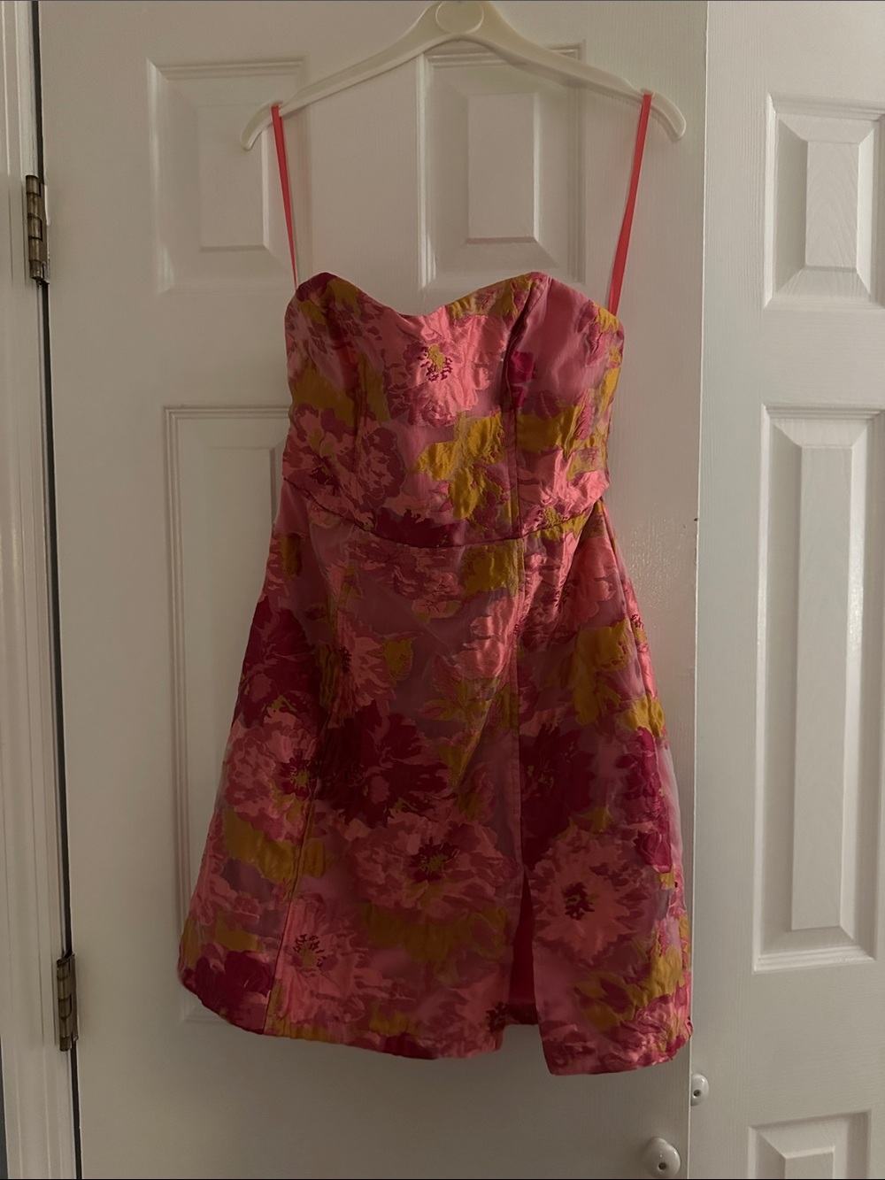 Selfie Leslie Pink Floral Strapless Dress with Yellow Accents